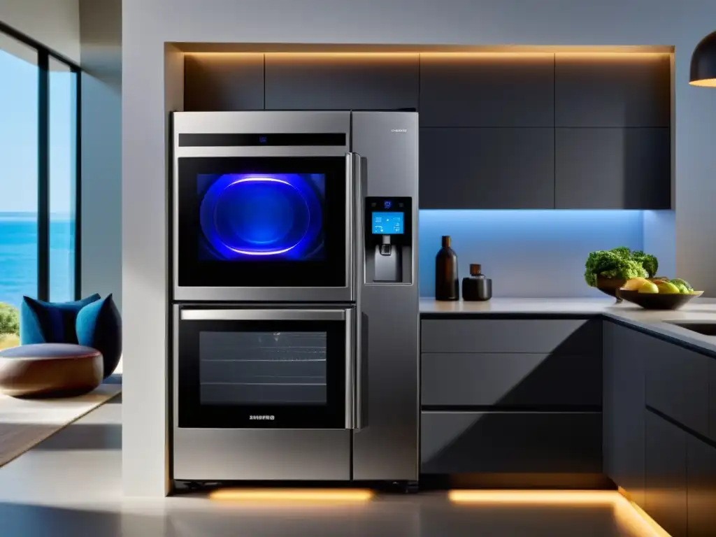 Electrodomésticos compatibles con Samsung Bixby en cocina moderna y futurista con iluminación ambiental