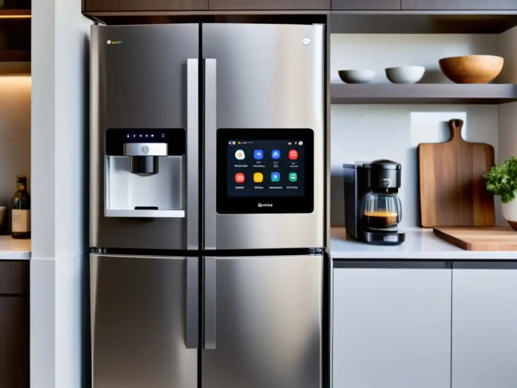 Electrodomésticos compatibles con Google Assistant en cocina moderna: refrigerador inteligente, horno, cafetera y lavavajillas, integrados sin fisuras