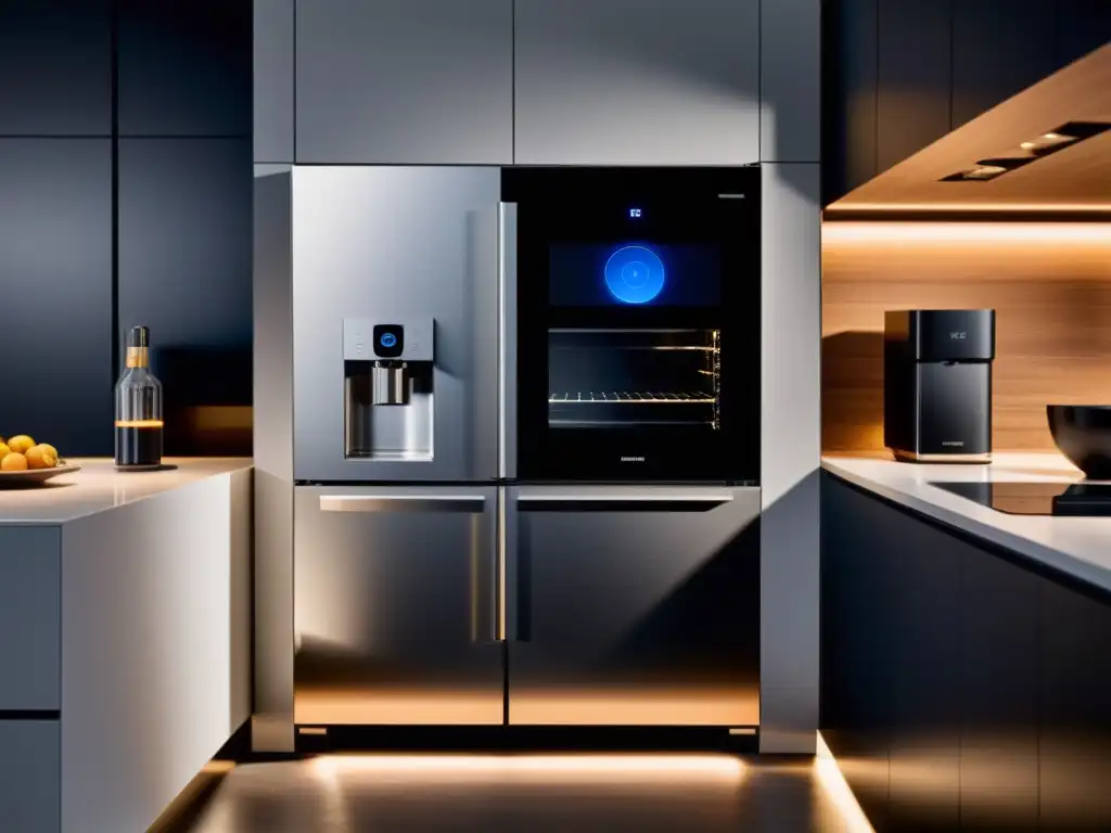 Electrodomésticos conectados en una cocina inteligente de diseño moderno y minimalista, con iluminación suave y futurista