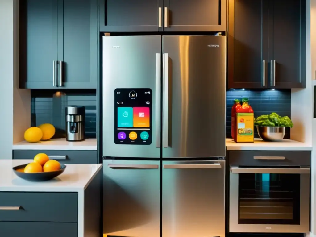 Electrodomésticos conectados smartphone en cocina moderna, con funciones inteligentes y pantalla colorida