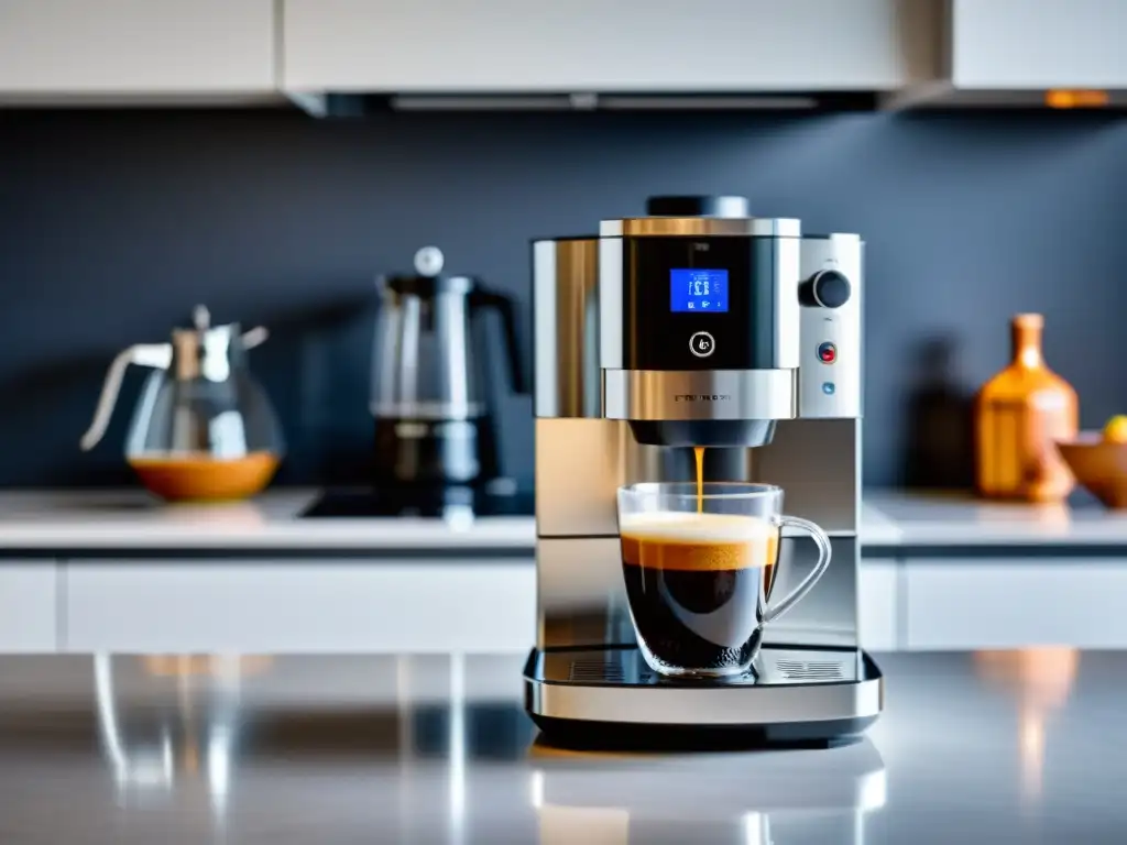 Electrodomésticos con diseño sensorial: Cafetera moderna en una cocina blanca, iluminada por su pantalla táctil y el vapor de café fresco