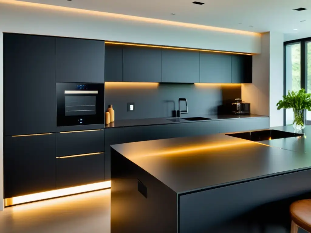 Electrodomésticos con diseño sensorial en una cocina moderna, minimalista y sofisticada, con luces LED suaves y superficies táctiles