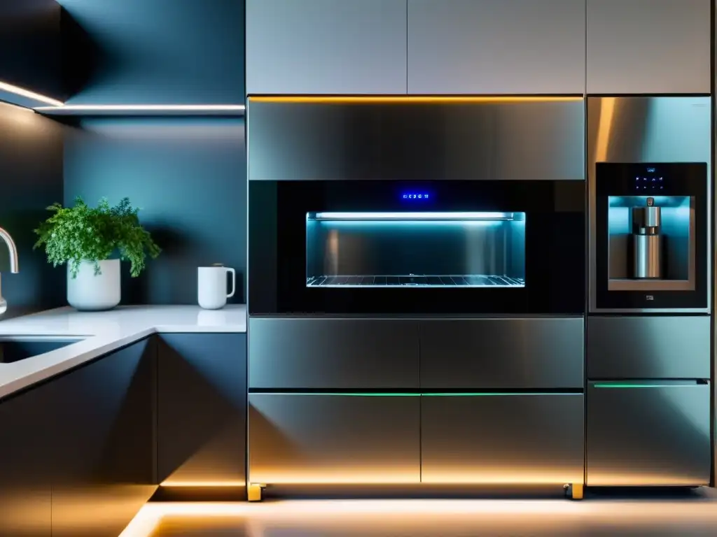 Electrodomésticos con diseño sensorial en una cocina moderna y minimalista con tecnología de vanguardia y elementos naturales