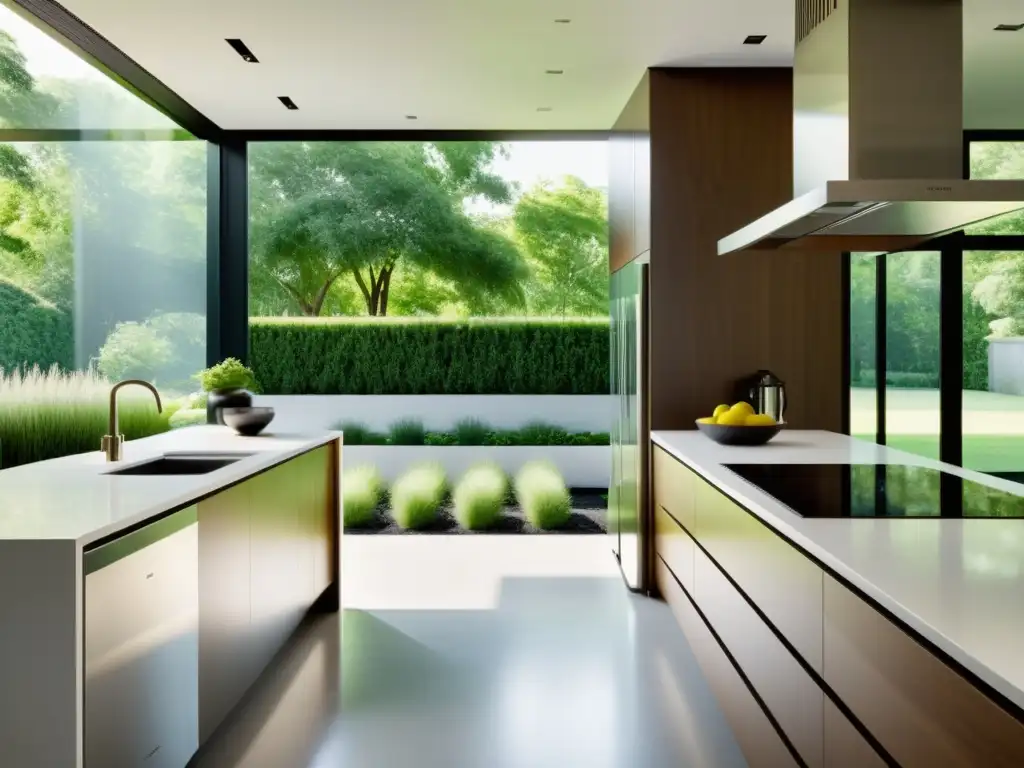 Electrodomésticos ecoamigables de diseño sostenible en una cocina moderna con luz natural y vista al jardín