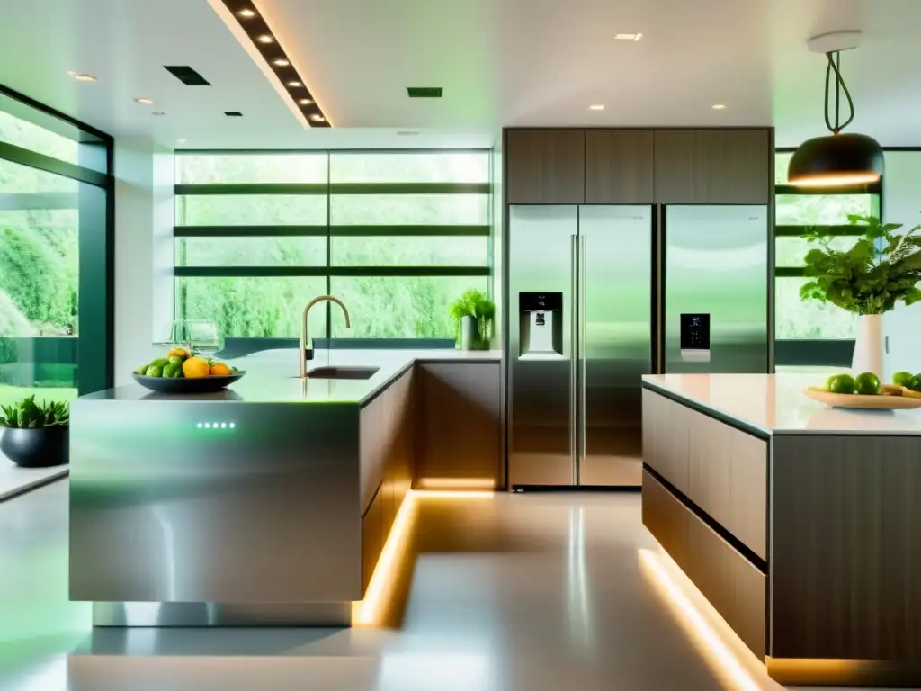 Electrodomésticos ecológicos 2023 en una cocina moderna y elegante, con iluminación ambiental y toques de naturaleza