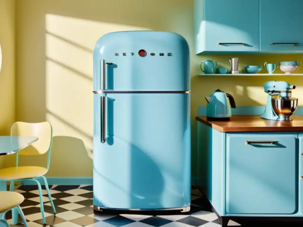 Electrodomésticos estilo retro guía compra: Cocina vintage con nevera azul pastel, electrodomésticos a juego y luz cálida