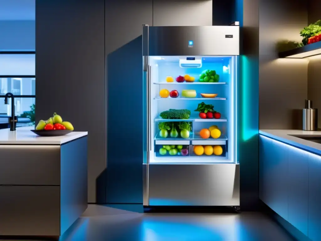 Electrodomésticos del futuro estilizados: Un refrigerador futurista con diseño minimalista, con luz LED ambiental y productos organizados en su interior