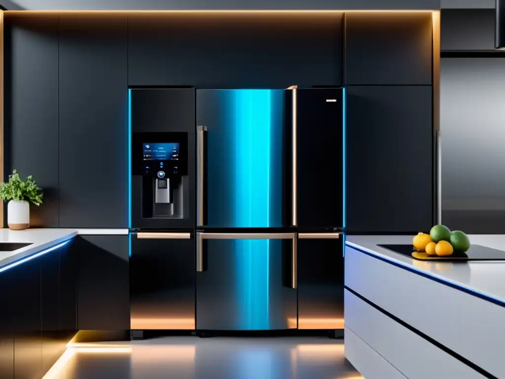 Electrodomésticos con IA para el hogar en una cocina futurista y minimalista con tecnología avanzada y ambiente moderno