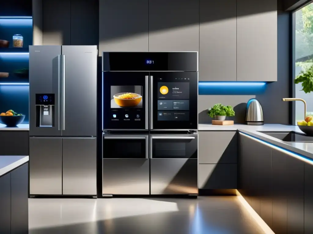 Electrodomésticos con inteligencia artificial en cocina futurista, con refrigerador inteligente y horno de voz, iluminados por LED