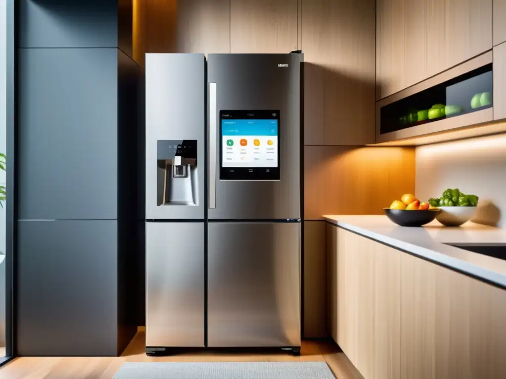 Electrodomésticos inteligentes ahorro energético: Refrigerador moderno con pantalla digital y tecnología de aprendizaje automático en cocina elegante