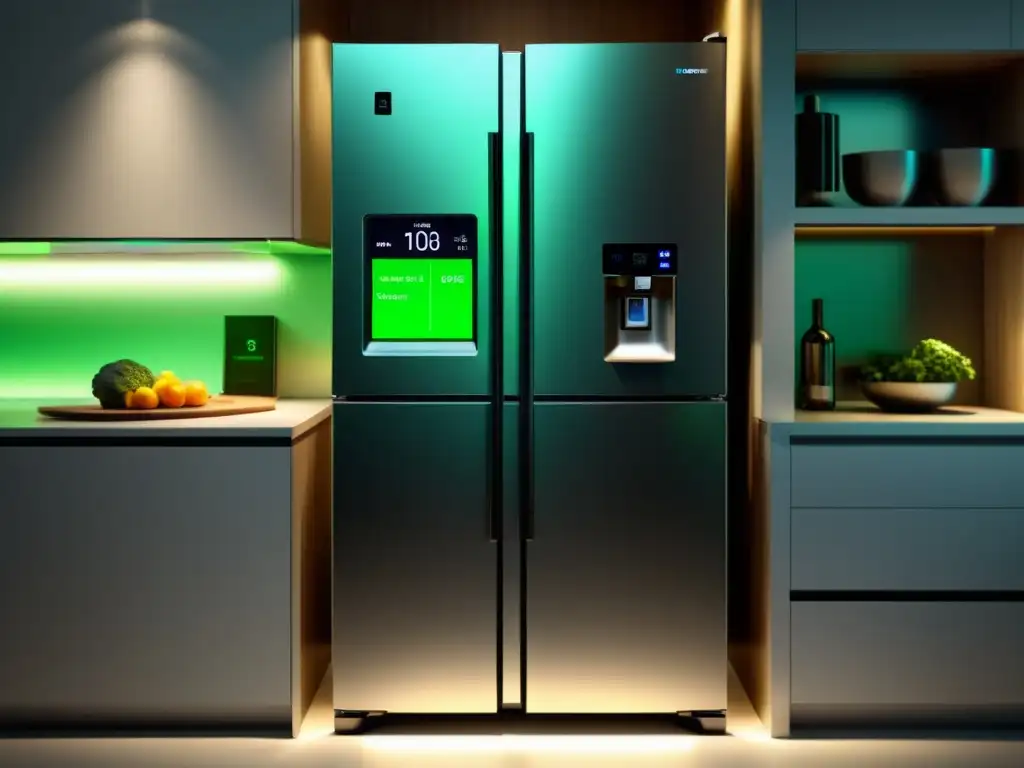 Electrodomésticos inteligentes ahorro energético en una cocina futurista y eficiente con un refrigerador moderno y pantalla digital mostrando estadísticas de consumo de energía y eficiencia energética