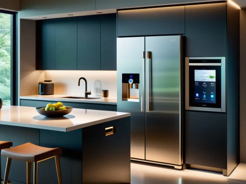 Electrodomésticos inteligentes para mejorar calidad de vida en una cocina moderna y futurista con iluminación ambiental suave