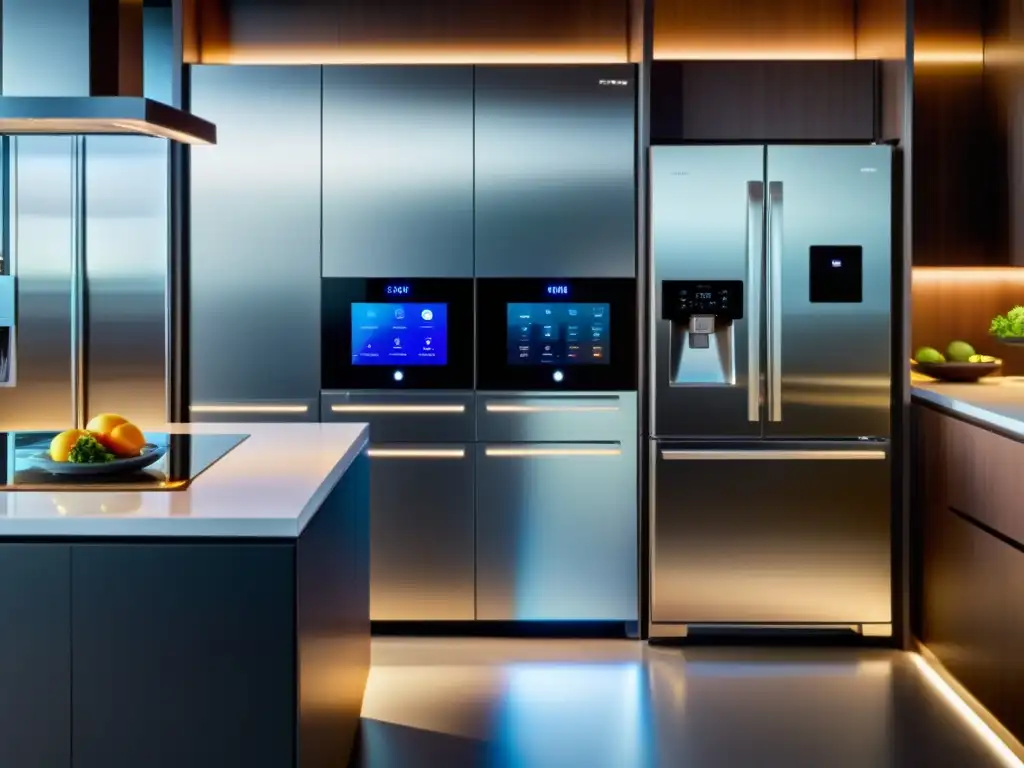 Electrodomésticos inteligentes para cocina: Cocina moderna con gadgets organizados, nevera digital y asistente de voz controlando el horno inteligente