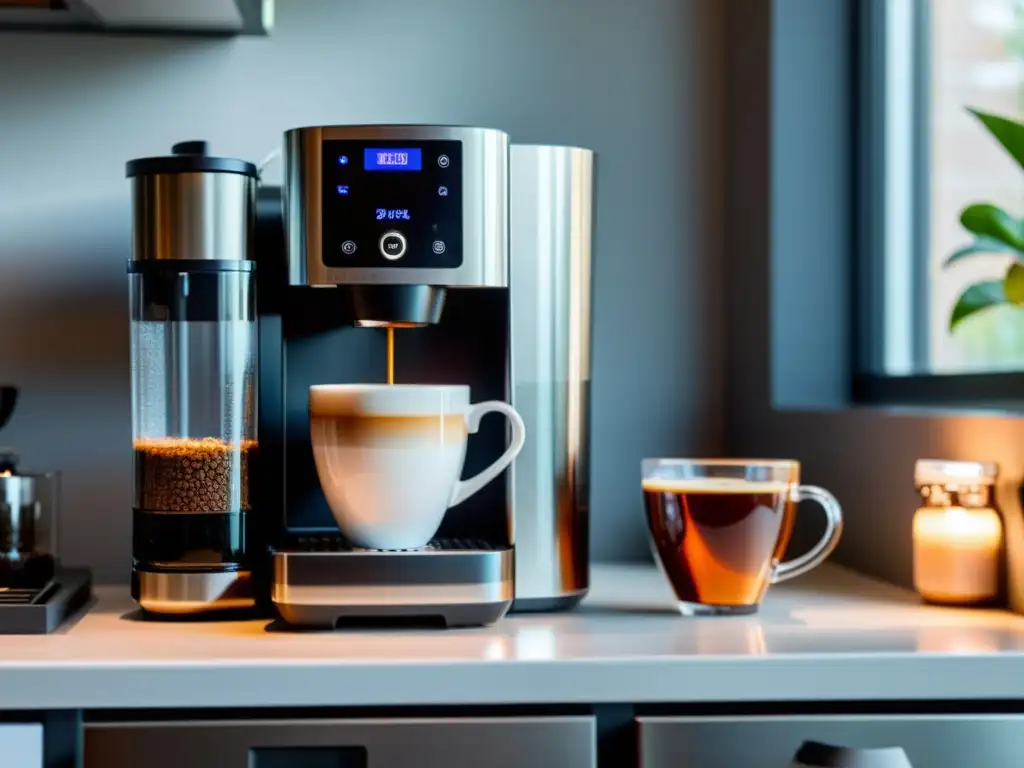 Electrodomésticos inteligentes para mini pisos: Cafetera moderna en cocina minimalista con tazas artesanales y granos de café fresco