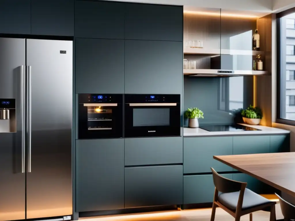 Electrodomésticos inteligentes para mini pisos: Cocina moderna y sofisticada en un apartamento urbano compacto, con integración de tecnología y diseño minimalista