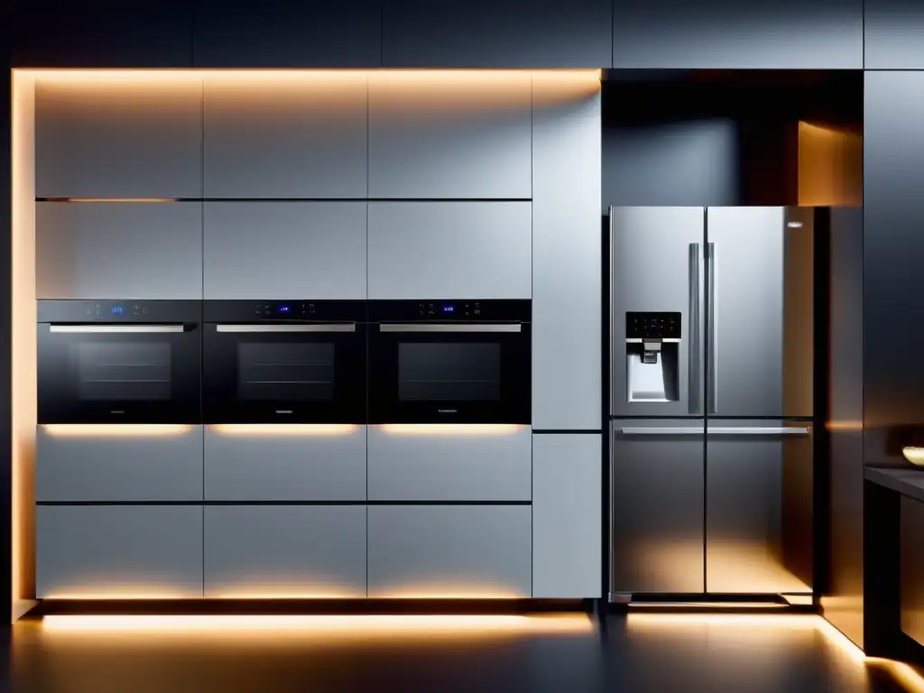 Electrodomésticos con interfaces táctiles adaptativas en una cocina moderna y futurista con iluminación LED suave