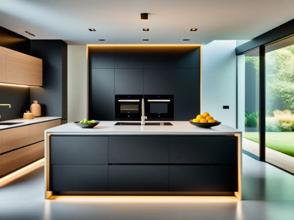 Electrodomésticos modulares para cocinas modernas: Cocina elegante con electrodomésticos integrados en negro mate y diseño futurista