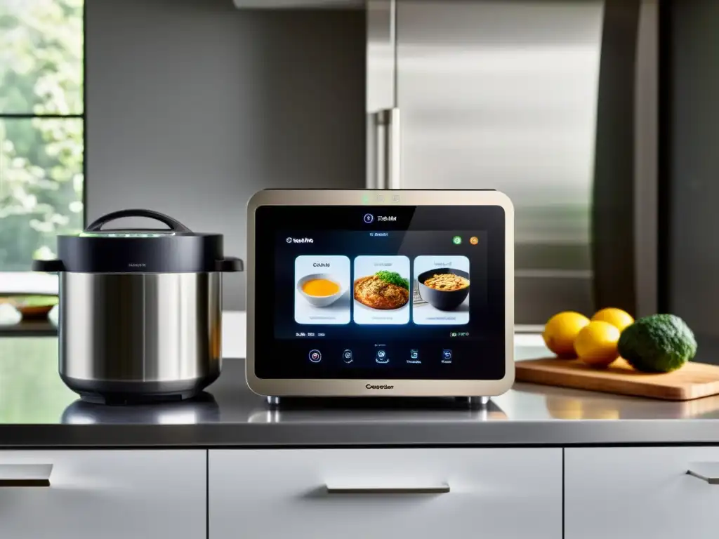 Electrodomésticos multifuncionales con apps de recetas en cocina moderna de diseño minimalista e integración tecnológica avanzada