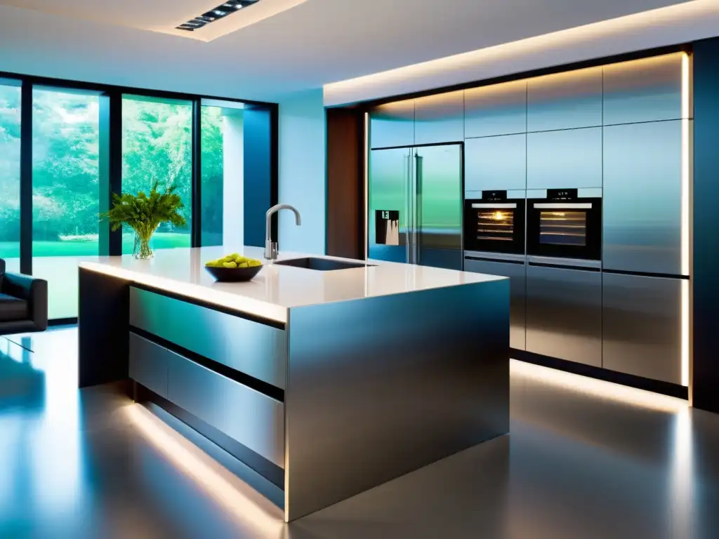 Electrodomésticos multifuncionales para cocina integrados en un diseño minimalista y sofisticado, con iluminación suave y una isla central elegante