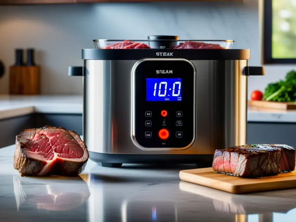 Electrodomésticos multifuncionales cocina al vacío: Máquina sous vide moderna en elegante cocina, junto a filete perfectamente cocido