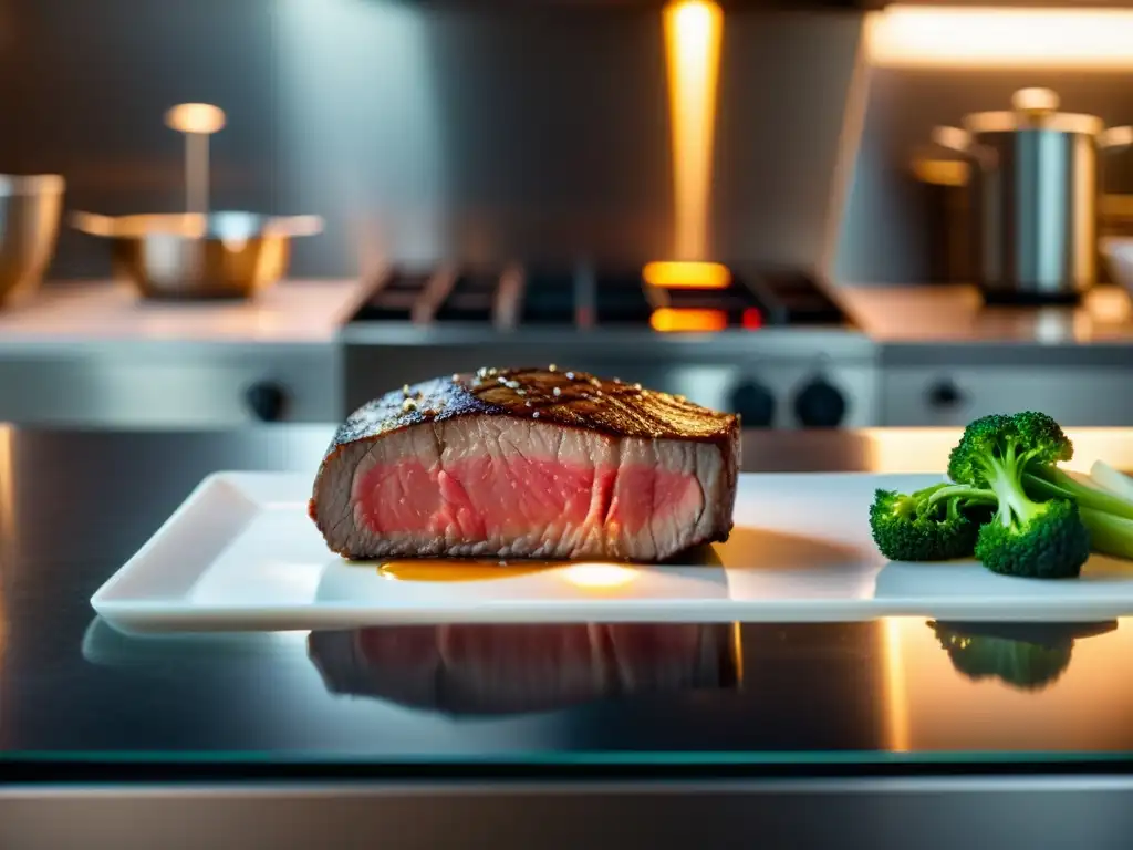 Electrodomésticos multifuncionales cocina al vacío: chef profesional plateando un plato gourmet en una cocina moderna y brillante