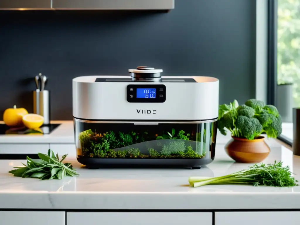 Electrodomésticos multifuncionales cocina al vacío: Máquina sous vide en cocina moderna con hierbas frescas y ingredientes al vacío