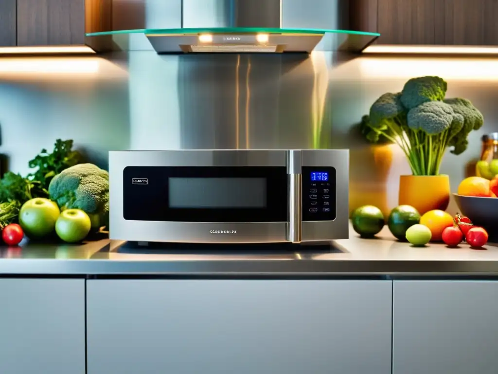 Electrodomésticos multifuncionales para cocineros ocupados: cocina moderna con frutas, verduras y electrodoméstico de acero inoxidable