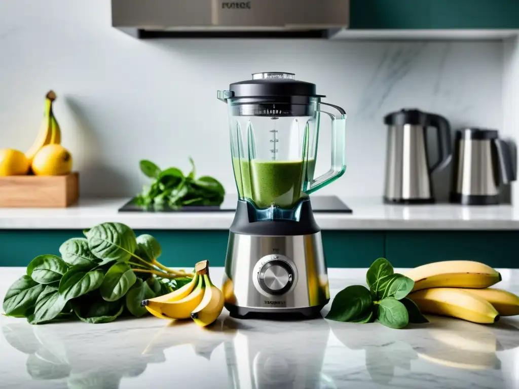 Electrodomésticos multifuncionales para dietas especiales: una moderna licuadora de acero inoxidable llena de ingredientes frescos para un smoothie vegano nutritivo y delicioso, en una cocina minimalista y llena de luz natural