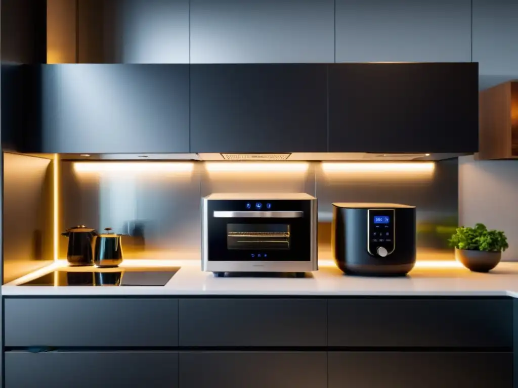 Electrodomésticos multifuncionales tecnología hogar en una cocina moderna y sofisticada con iluminación ambiental suave