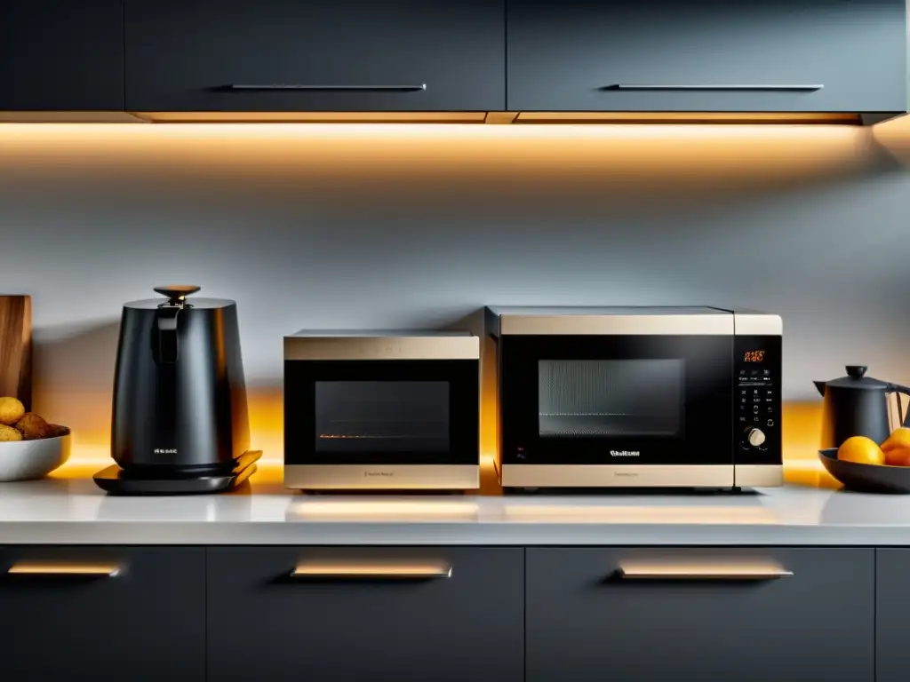 Electrodomésticos multifuncionales tecnología hogar: Cocina moderna con elegantes electrodomésticos en negro mate y luz ambiental