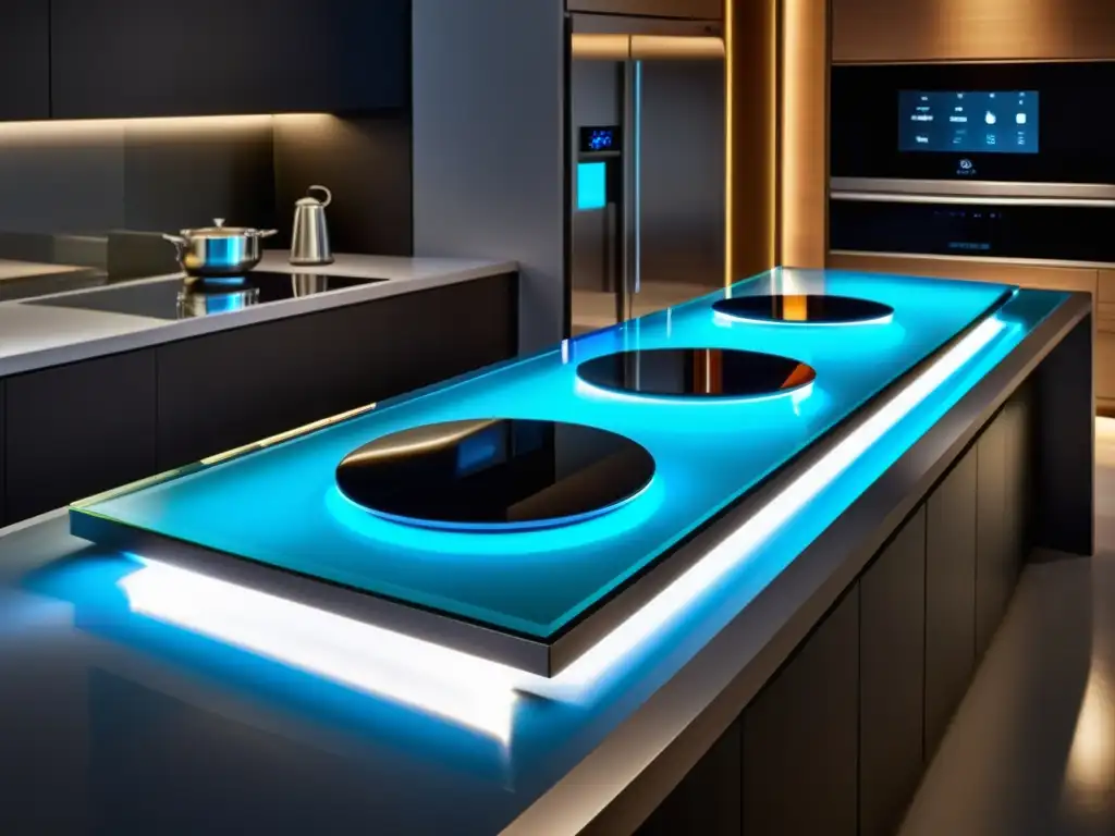 Electrodomésticos multifuncionales de vidrio en cocina futurista con pantalla táctil integrada y luces LED suaves