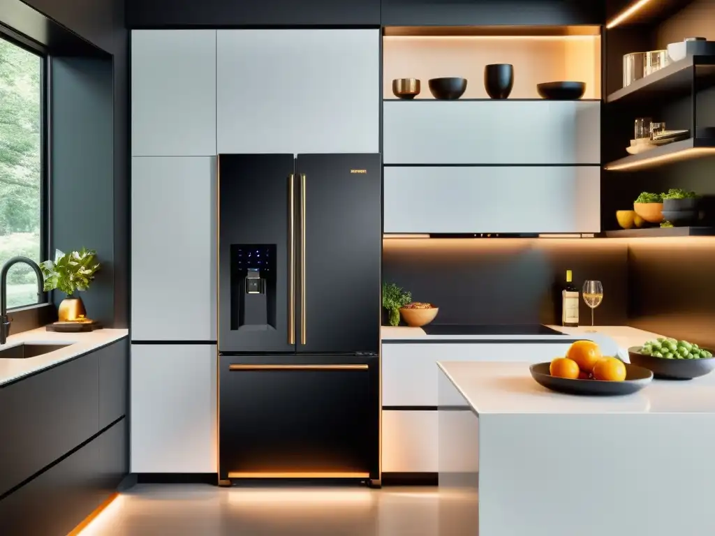 Electrodomésticos personalizados para hogar: Cocina moderna con electrodomésticos integrados en diseño minimalista, iluminada con luz cálida