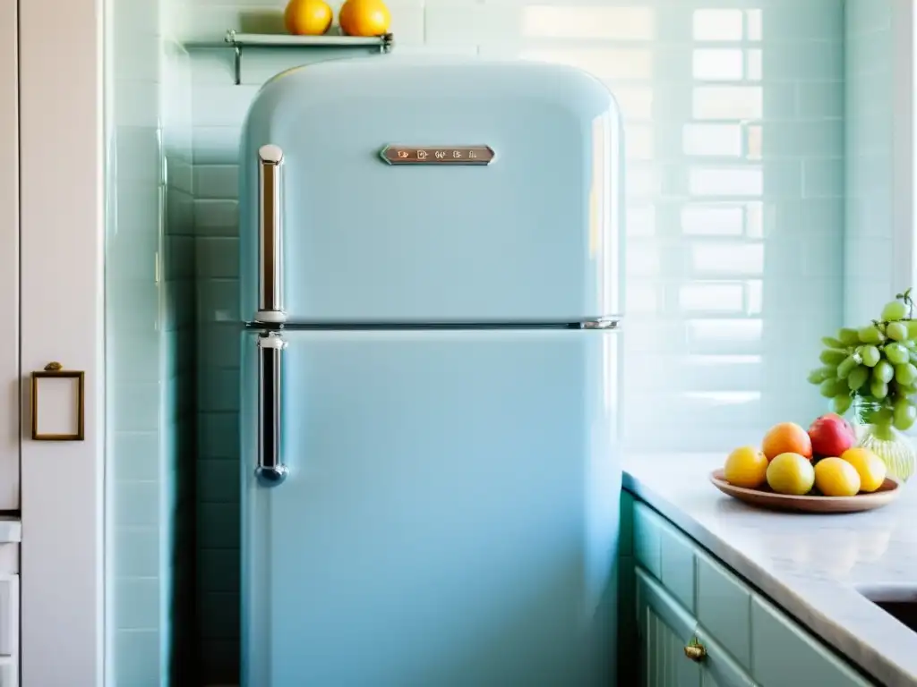 Electrodomésticos retro para amantes: Una cocina luminosa con un refrigerador azul pastel vintage, frutas frescas y una atmósfera acogedora