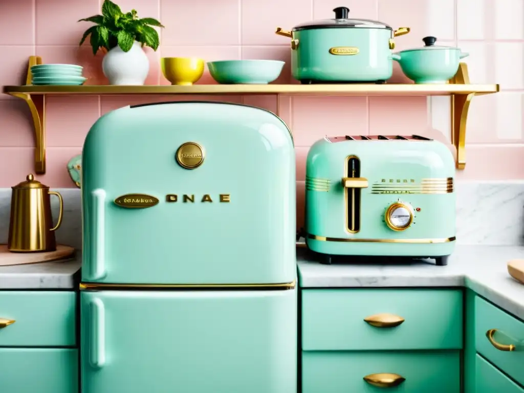 Electrodomésticos retro para el hogar en una cocina moderna con encanto vintage y colores pastel, sobre una encimera de mármol blanco