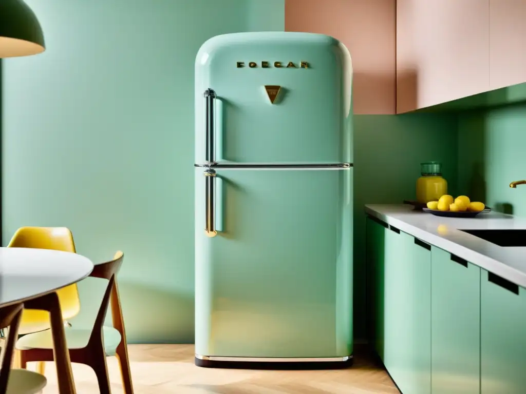 Electrodomésticos retro para hogar moderno: Una nevera vintage en un elegante color pastel destaca en una cocina moderna de líneas limpias y diseño minimalista, bañada en luz natural