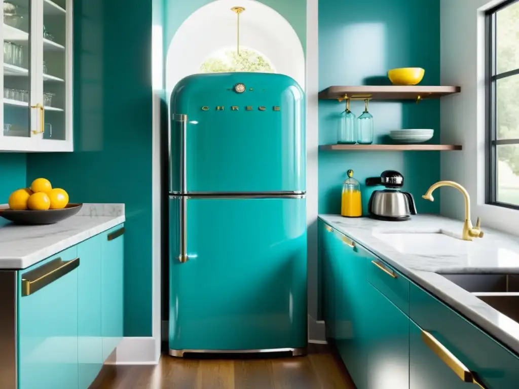 Electrodomésticos retro modernos para hogar: Cocina moderna con refrigerador retro de color verde vibrante como punto focal, fusionando estilos vintage y funcionalidad contemporánea