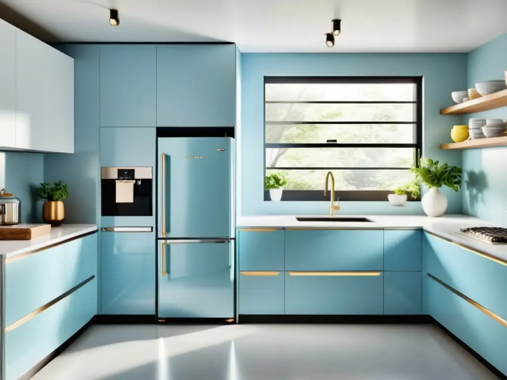 Electrodomésticos retro modernos para hogar: Cocina contemporánea con encimera y electrodomésticos blancos, resaltando un refrigerador retro en azul pastel con acentos cromados