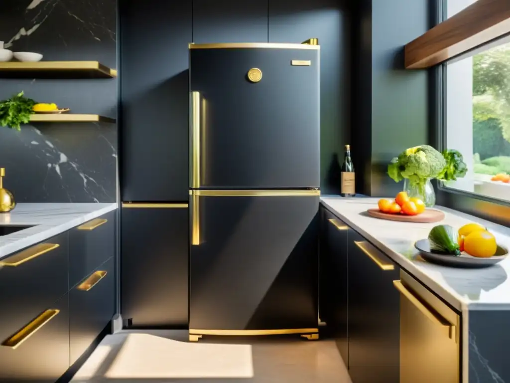 Electrodomésticos retro modernos para hogar: Refrigerador negro mate con toques cromados y diseño vintage, en cocina minimalista iluminada por el sol