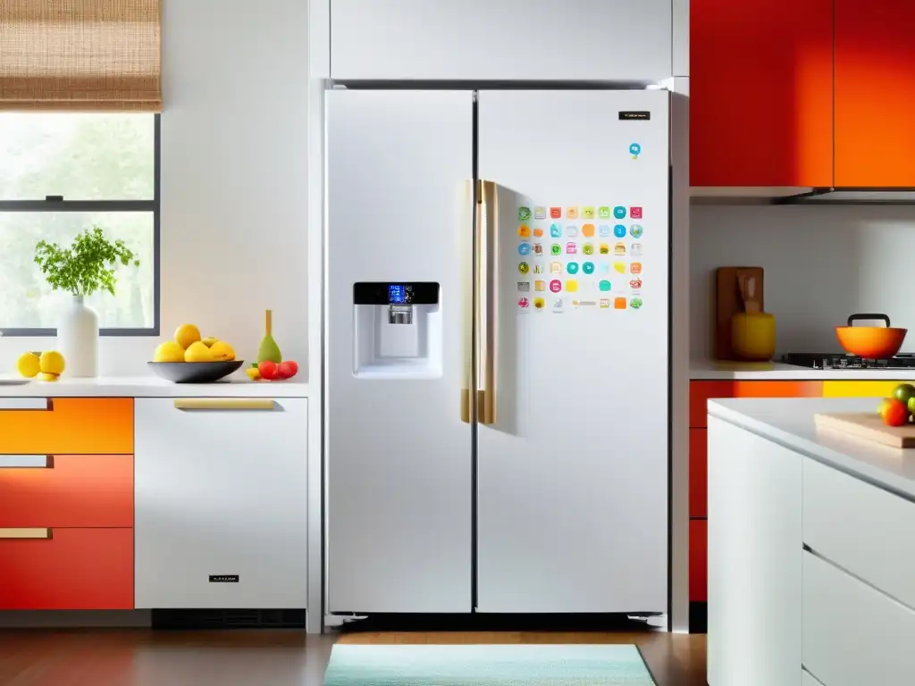 Electrodomésticos seguros para niños: Refrigerador blanco moderno con dibujos y imanes coloridos, en una cocina luminosa y acogedora