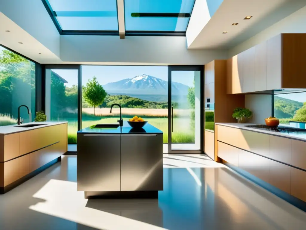 Electrodomésticos solares para el hogar en una cocina moderna bañada por luz natural y diseño futurista