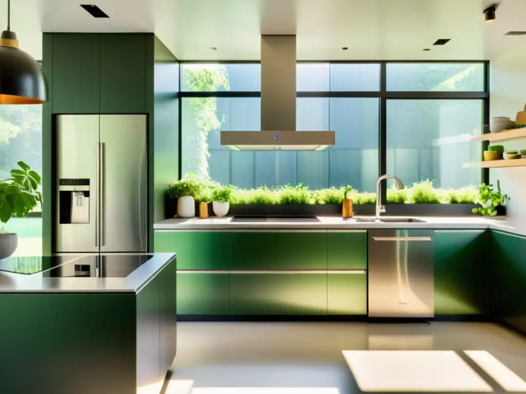 Electrodomésticos solares para el hogar en cocina moderna con luz natural y diseño vanguardista, rodeados de plantas verdes