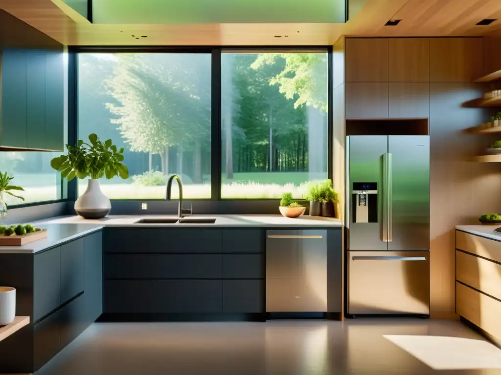 Electrodomésticos solares para hogar ecológico: cocina moderna con diseño futurista, iluminada por luz natural en una casa sostenible y luminosa