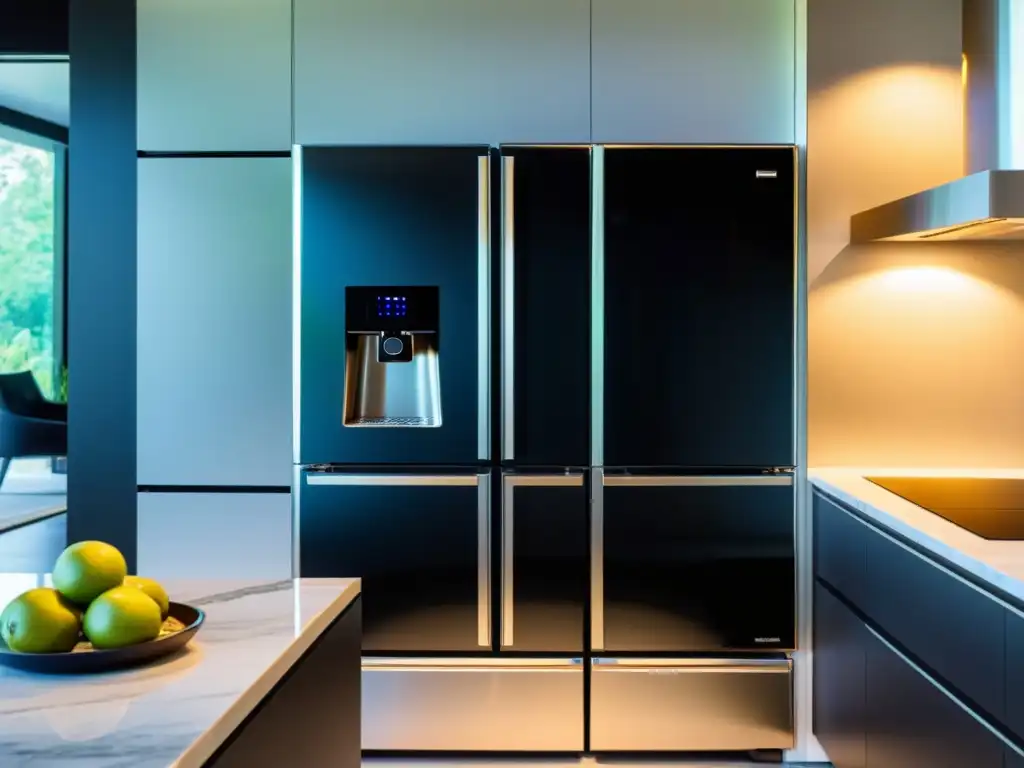 Electrodomésticos de diseño y tecnología en una cocina moderna con elegante encimera de mármol negro y suave iluminación ambiental