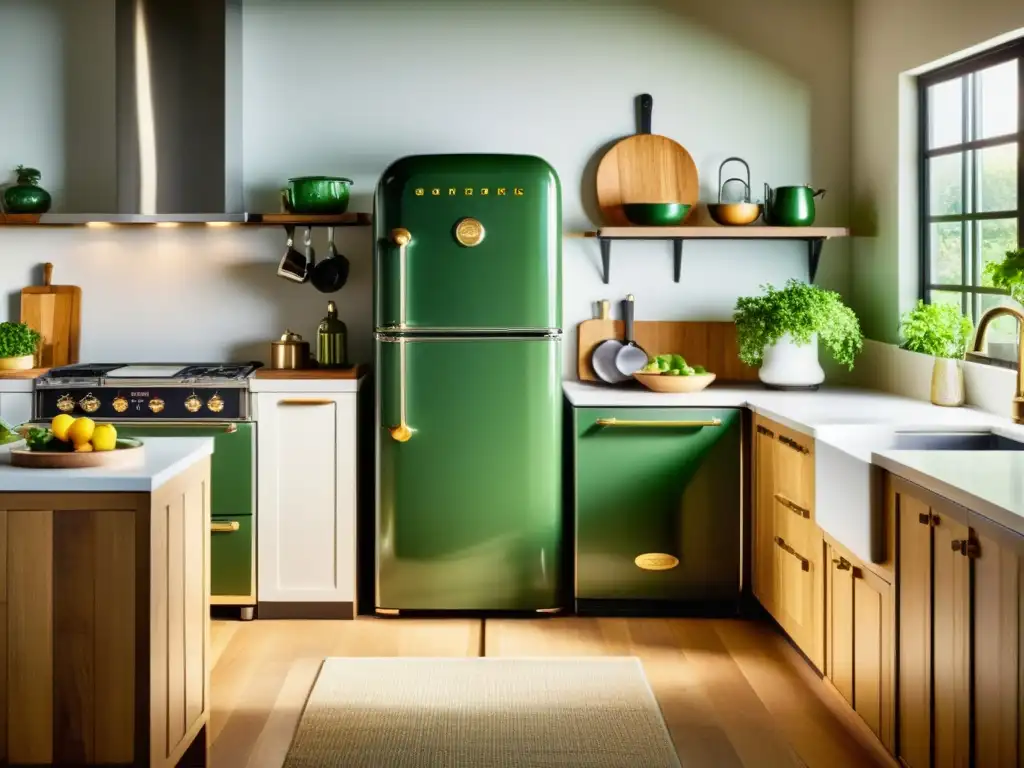 Electrodomésticos vintage en una cocina moderna con materiales sostenibles y plantas verdes, transmitiendo elegancia y modernidad