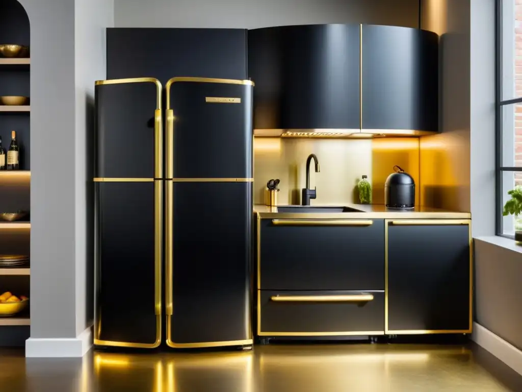 Electrodomésticos vintage en diseño interior: Cocina moderna con refrigerador negro y dorado como punto focal, fusionando encanto retro con diseño contemporáneo