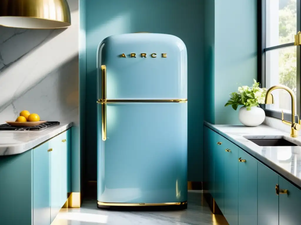 'Electrodomésticos vintage en diseño interior: Una nevera azul pastel restaurada con acabados cromados destaca en una cocina moderna y elegante, creando un ambiente cálido y acogedor