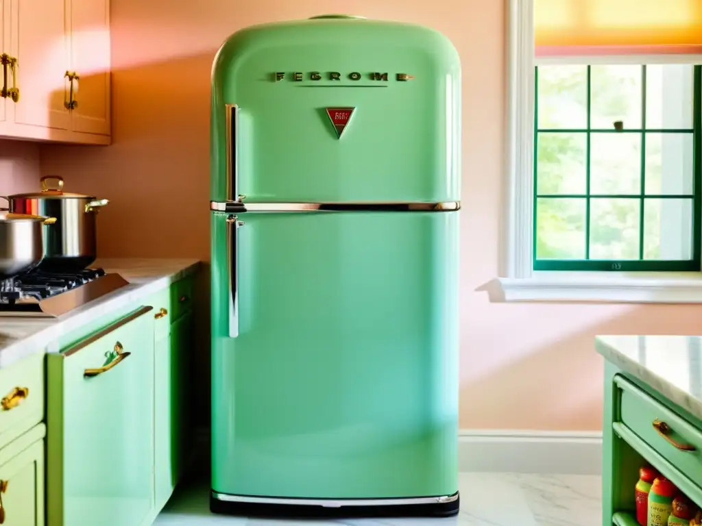 Electrodomésticos vintage en diseño interior: Refrigerador verde menta restaurado rodeado de electrodomésticos pastel en encimera de mármol blanco