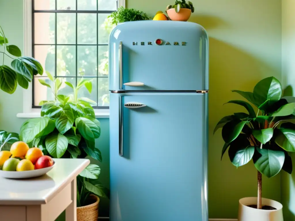 Electrodomésticos vintage revolucionando interiorismo: Nevera azul pastel restaurada en cocina soleada con plantas y decoración retro