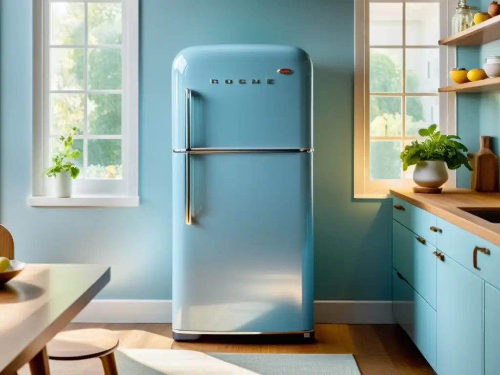 Electrodomésticos vintage revolucionando interiorismo: Refrigerador azul pastel con diseño minimalista en cocina luminosa y moderna