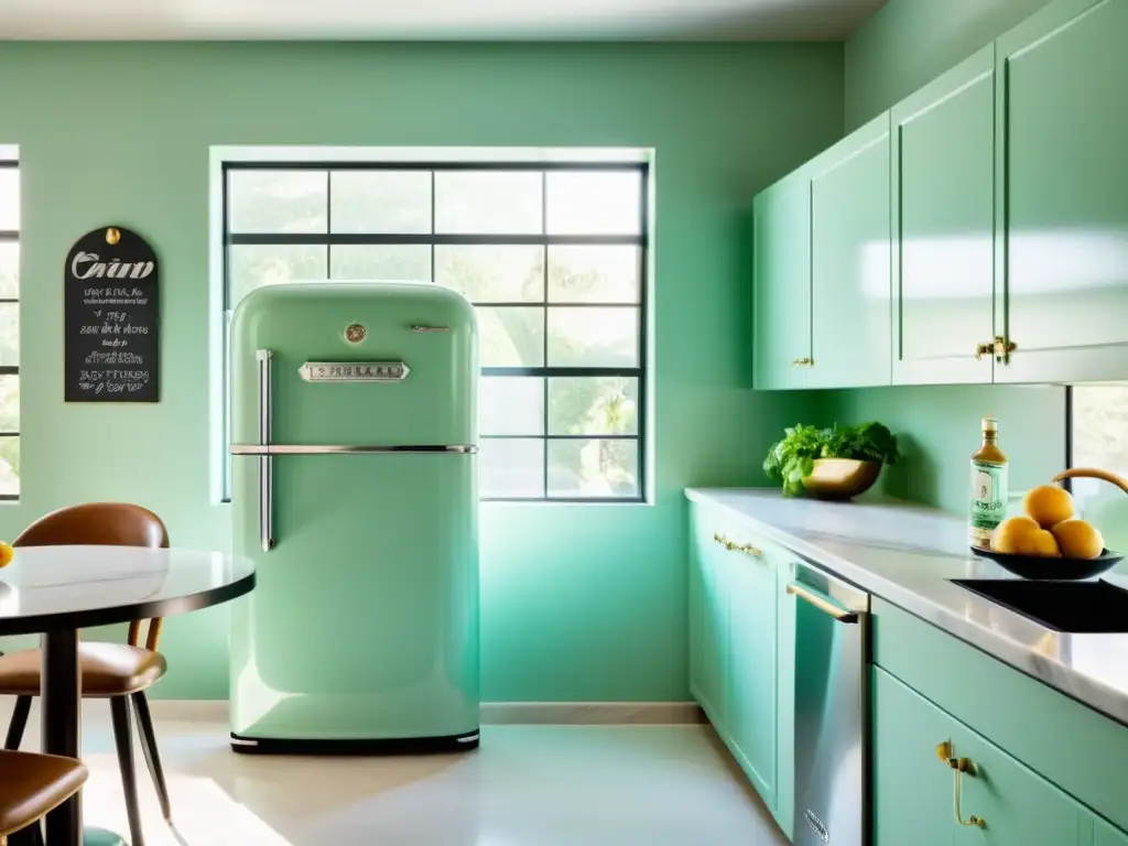 Incorporar electrodomésticos vintage modernos en una cocina contemporánea con encimeras de mármol y electrodomésticos de acero inoxidable, destacando un refrigerador verde menta de estilo retro como punto focal elegante